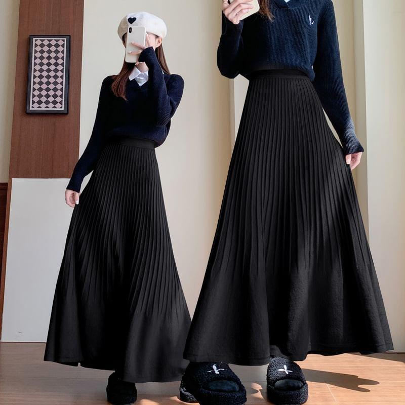 Elastic Waist Plain Midi A-Line Knit Skirt Product Image