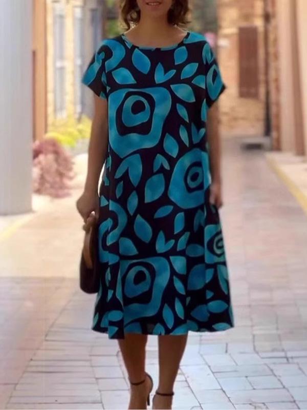 Loose Plus Size Floral Printed Split-Joint Round-Neck Midi Dresses Product Image