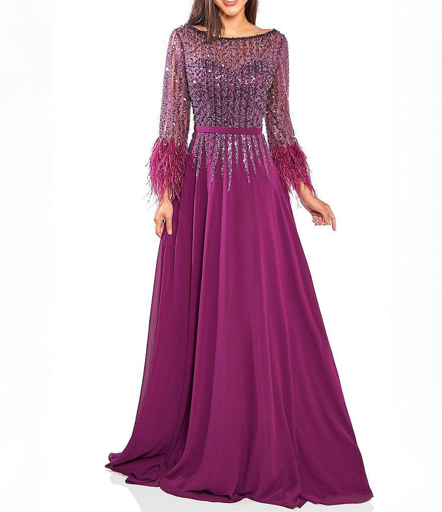 Terani Couture Chiffon Beaded Sequin Boat Neck Long Sleeve Feather Trim Gown Product Image