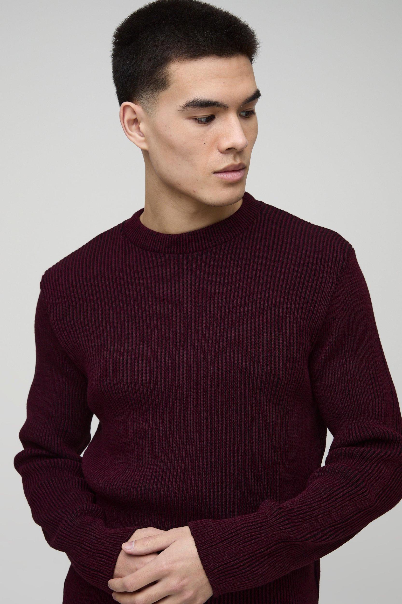Regular Crew Neck Plated Ribbed Knit Sweater | boohooMAN USA Product Image
