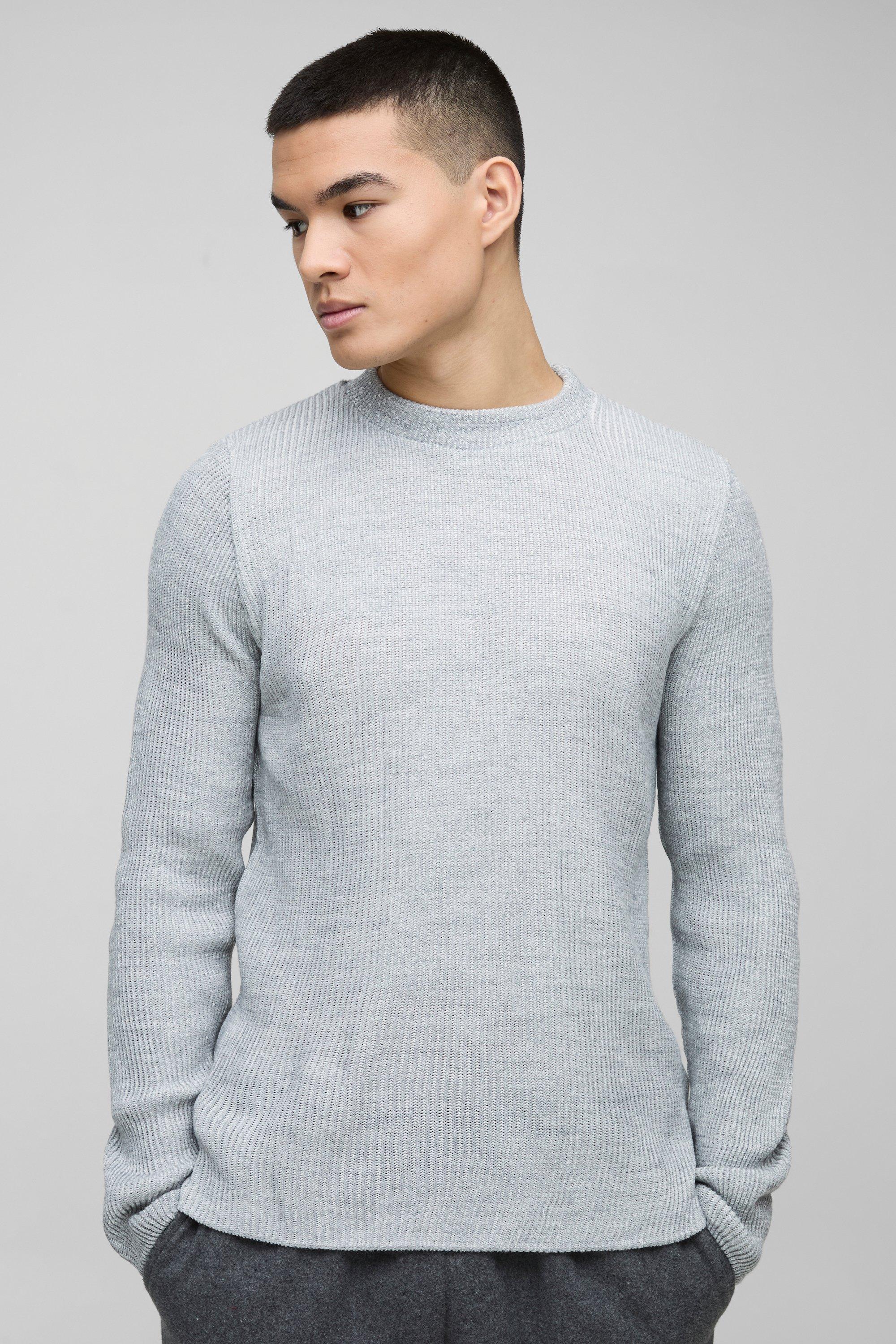 Regular Crew Neck Plated Ribbed Knit Sweater | boohooMAN USA Product Image