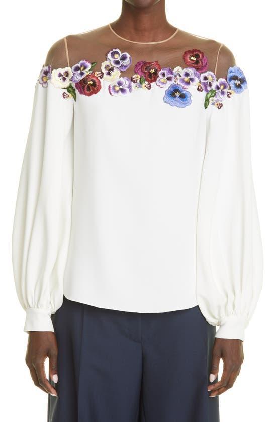 OSCAR DE LA RENTA Pansy Embroidered Illusion Cold Shoulder Stretch Silk Blouse In Ivory Multi Product Image