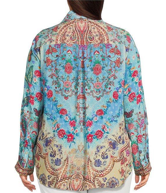 John Mark Plus Size Embroidered Multi Print Point Collar Long Roll-Tab Sleeve Button Front Top Product Image