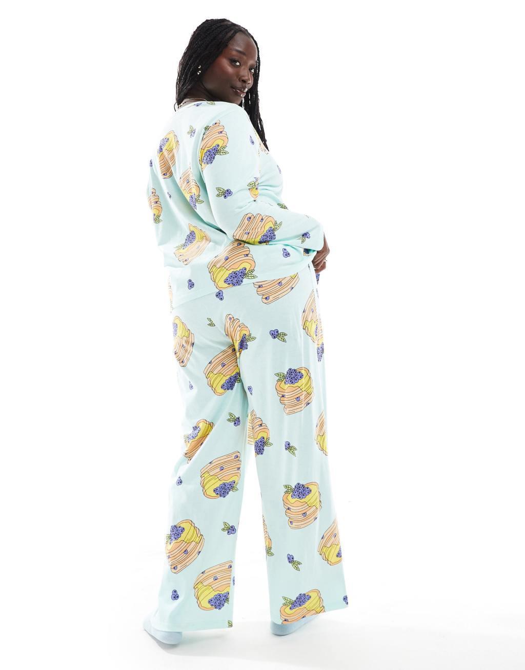 ASOS DESIGN Curve pancakes long sleeve top & pants pajama set in blue Product Image