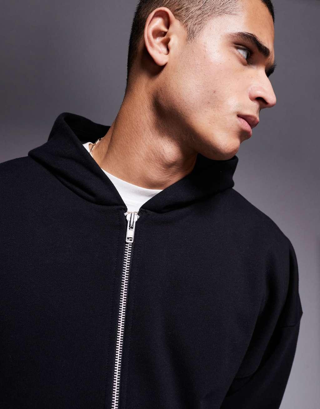 ASOS DESIGN premium heavyweight oversized zip through hoodie 400gsm with fixed hem in black Product Image