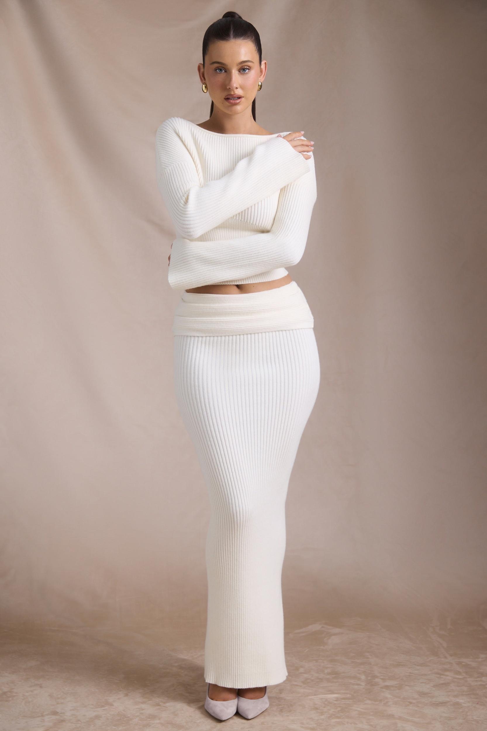 Ribbed-Knit Foldover Maxi Skirt in Ivory Product Image