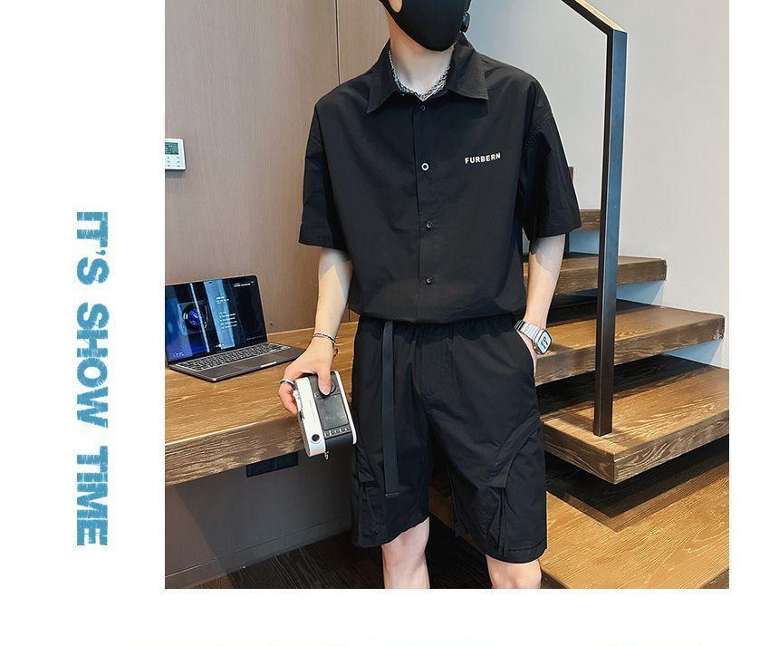 Set: Short-Sleeve Lettering Shirt + Elastic Waist Cargo Shorts Product Image