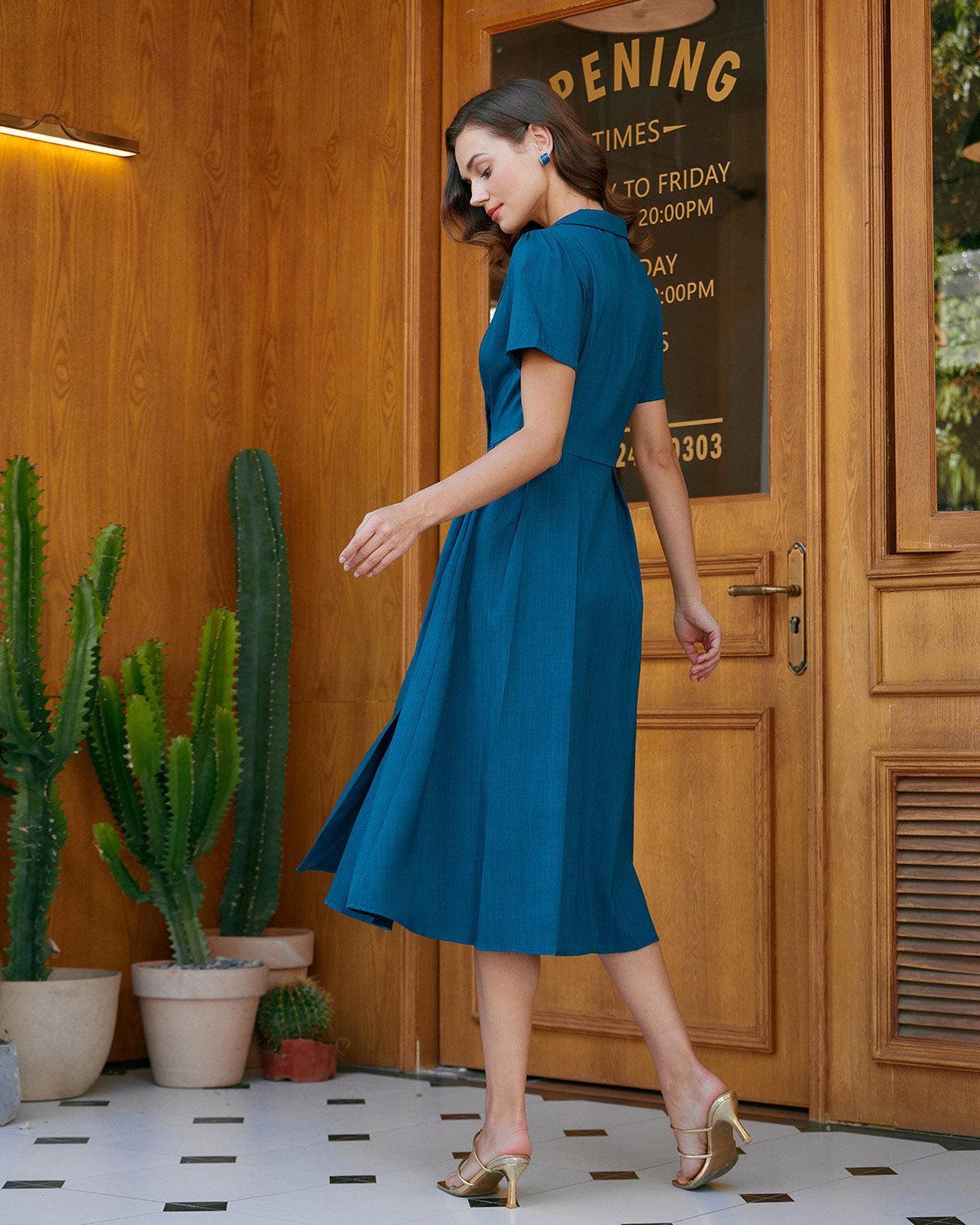 Blue V Neck Pleated Button Midi Dress Product Image