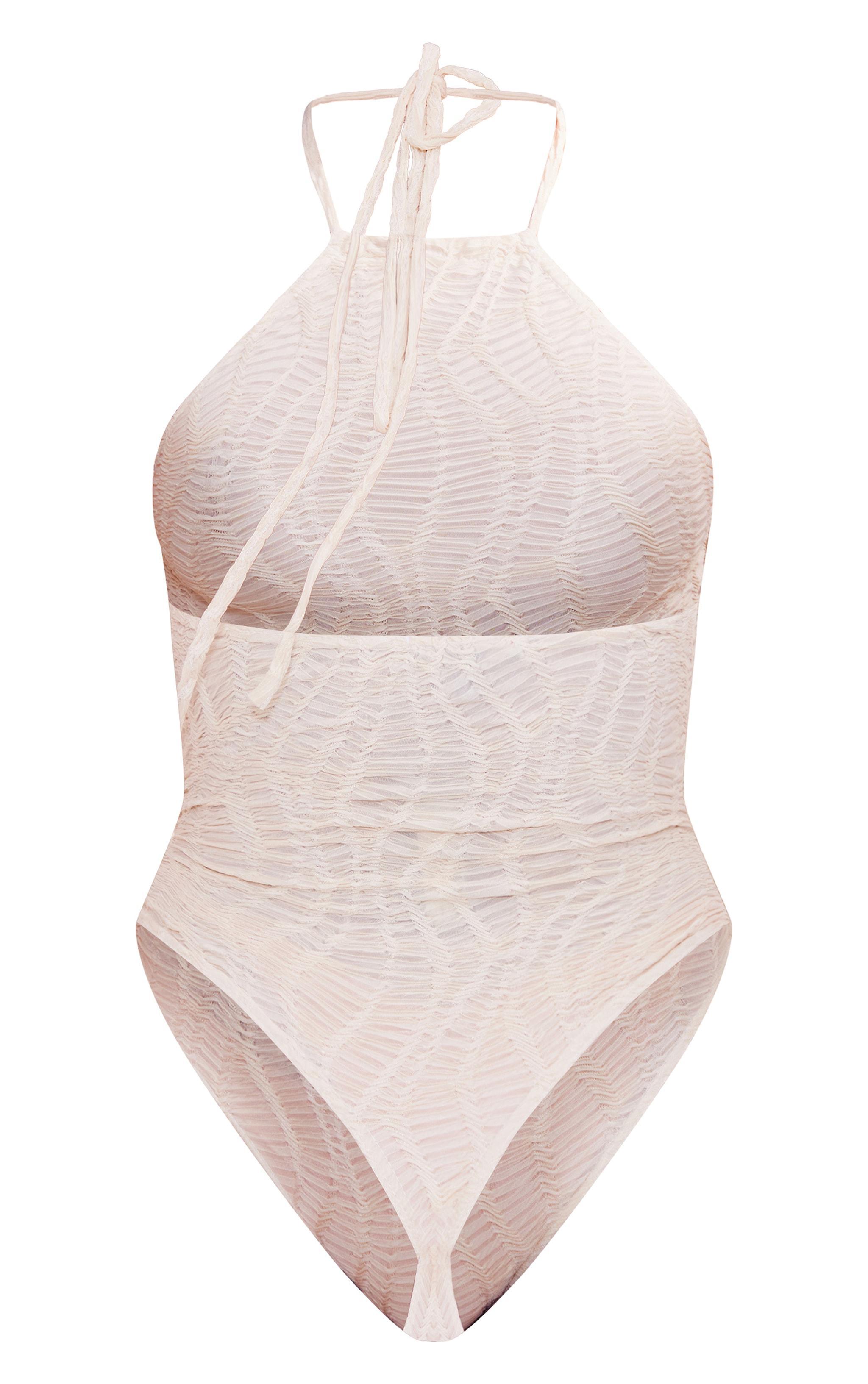 Cream Textured Mesh Halter Tie Bodysuit Product Image