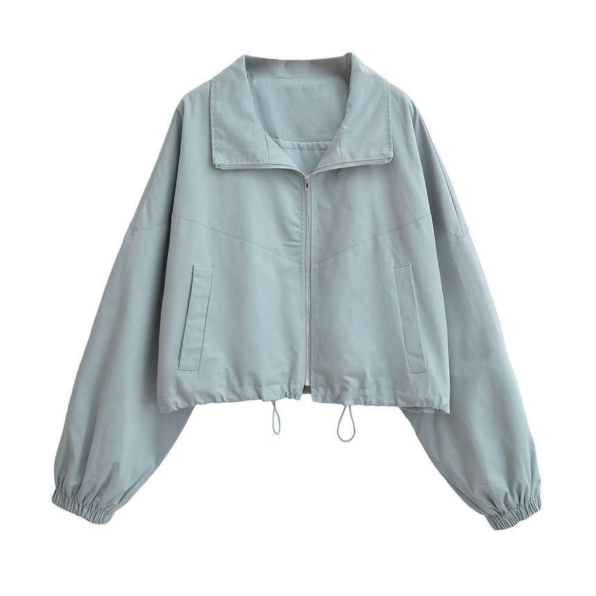 Stand Collar Plain Drawstring Zip Jacket Product Image