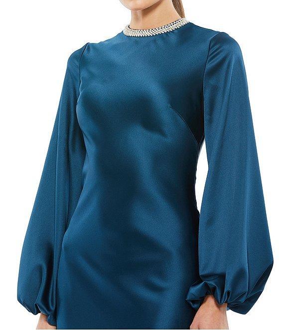 Mac Duggal Long Bishop Sleeve Beaded Crew Neck Satin Gown Product Image