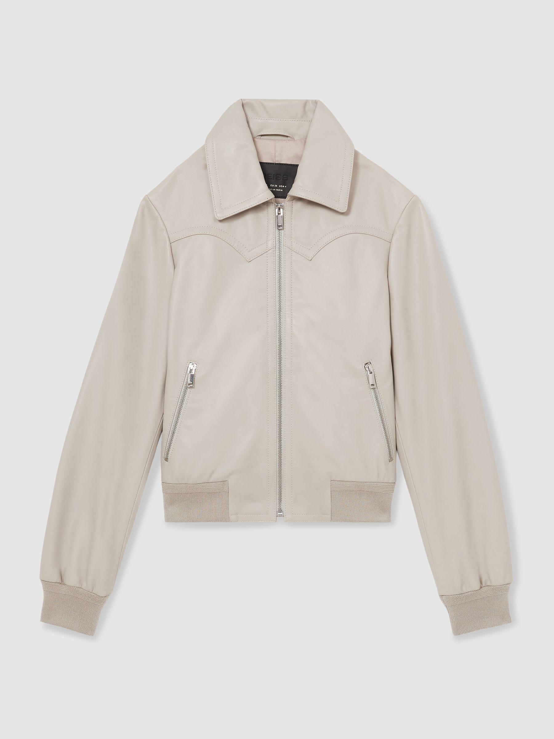 Leather Bomber Jacket in Grey Product Image