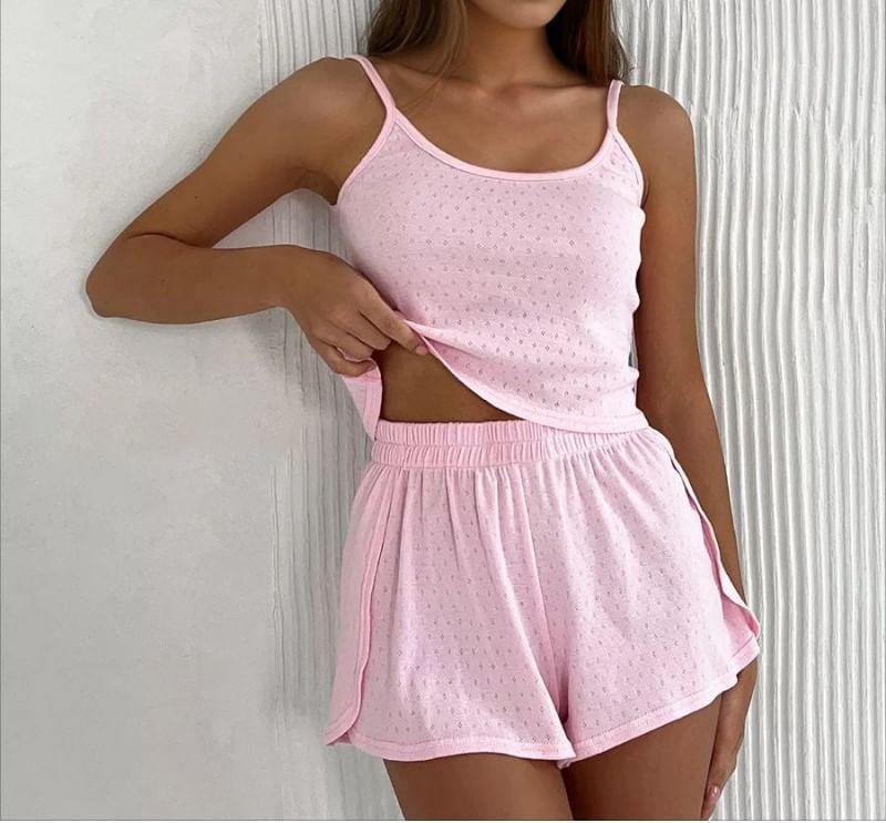 Pajama Set: Scoop Neck Plain Camisole Top + Elastic Waist Shorts Product Image