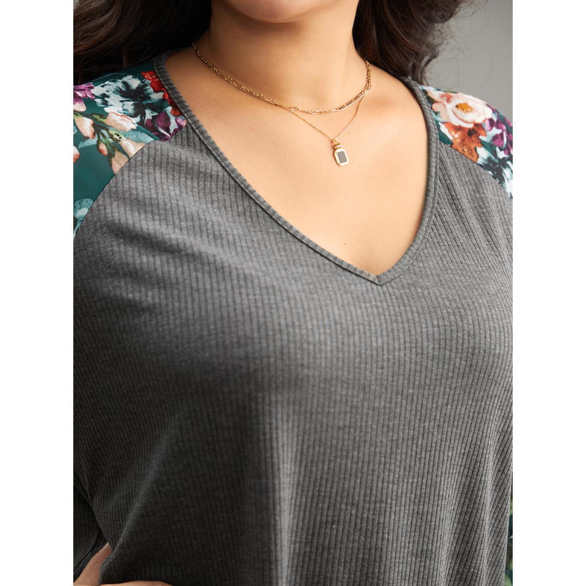 Plus Size Floral Patchwork Flutters Raglan Sleeve T-shirt DimGray Women Elegant Printed Floral V-neck Dailywear T-shirts BloomChic 28/5X Product Image