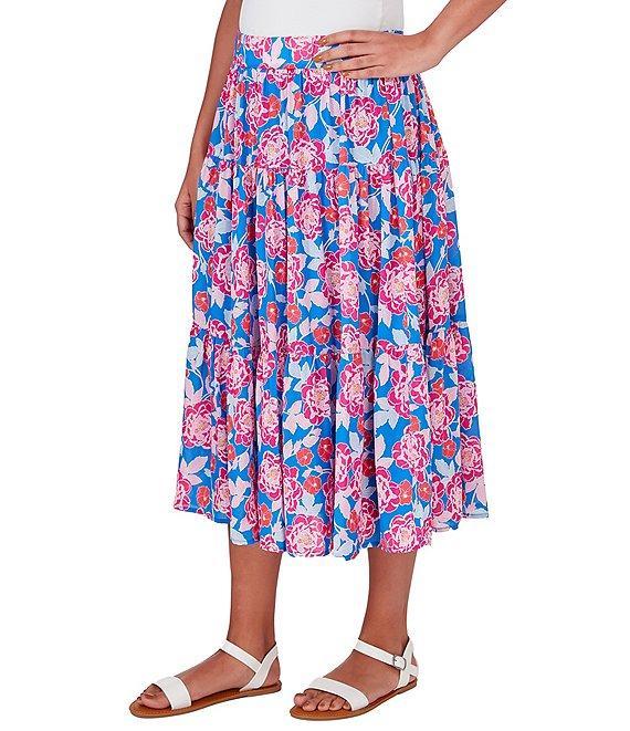 Ruby Rd. Floral Printed Yoryu Elastic Waist Midi A-Line Skirt Product Image