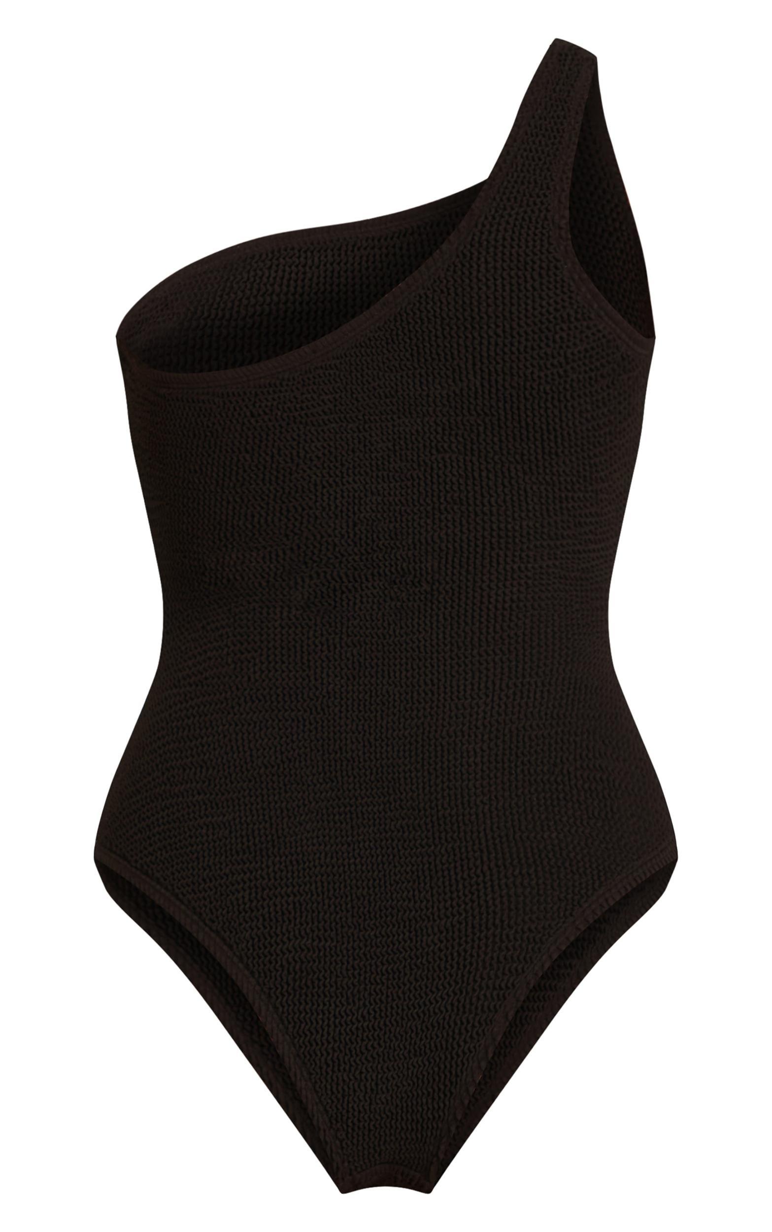 Black One Shoulder Crinkle Swimsuit Product Image