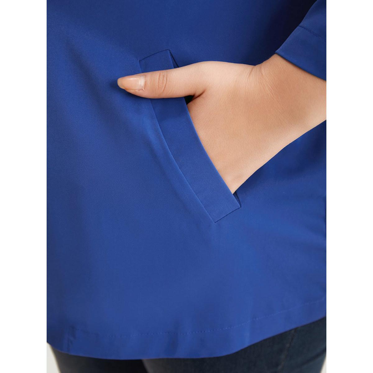 Plus Size Solid Lapel Collar Pocket Blazer Blue Women Work Plain Plain Sleeve Long Sleeve Lapel Collar 10/M Pocket Office Blazers BloomChic Product Image