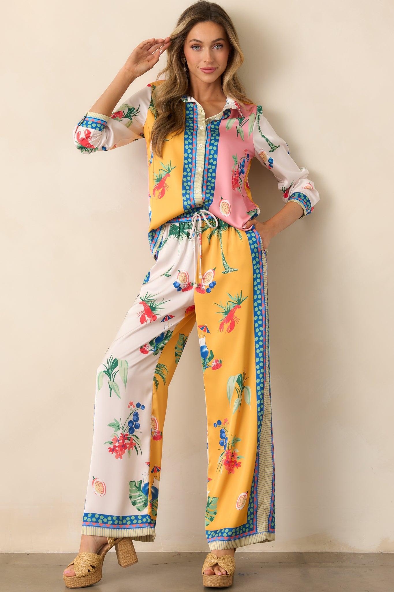 Breathing Deep Yellow Colorblock Coastal Print Drawstring Pants Product Image