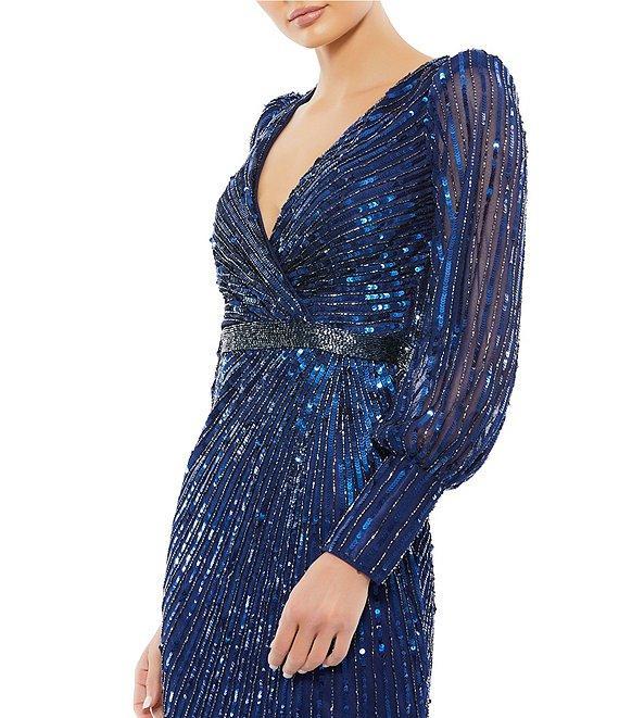 Mac Duggal Sequin Surplice V-Neck Long Bishop Sleeve Wrap Over Gown Product Image