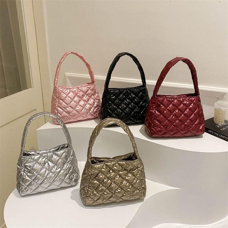 Plain Quilted Faux Leather Shoulder Bag Product Image