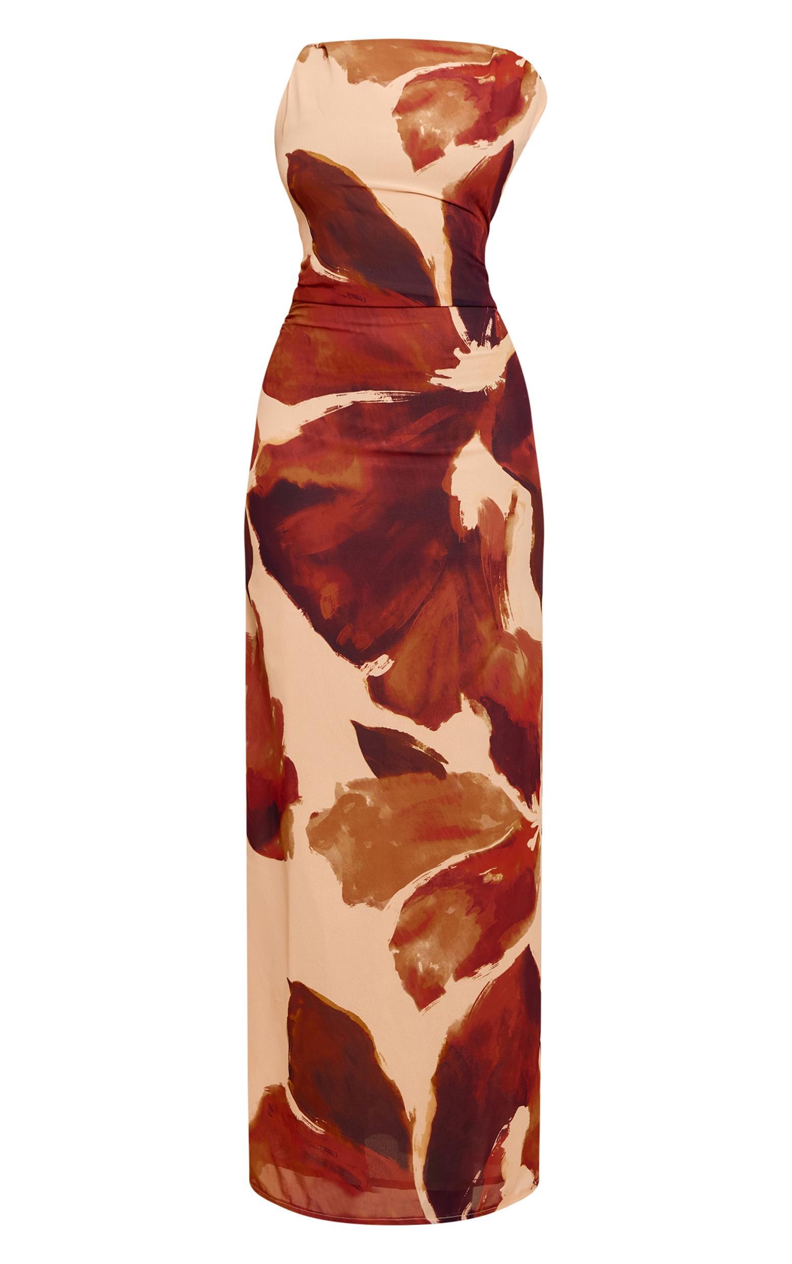Brown Floral Printed Floral Chiffon Ruched Maxi Dress Product Image