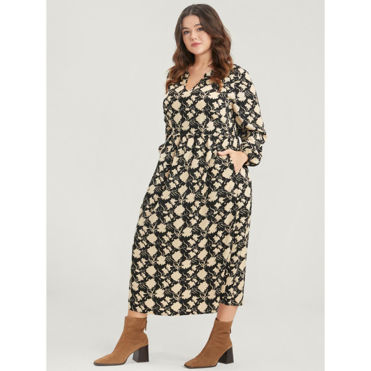 Plus Size Floral Lantern Sleeve Pocket V Neck Midi Dress Black Women Elegant Elastic Waist V-neck Long Sleeve Curvy Midi Dress BloomChic 28/5X Product Image