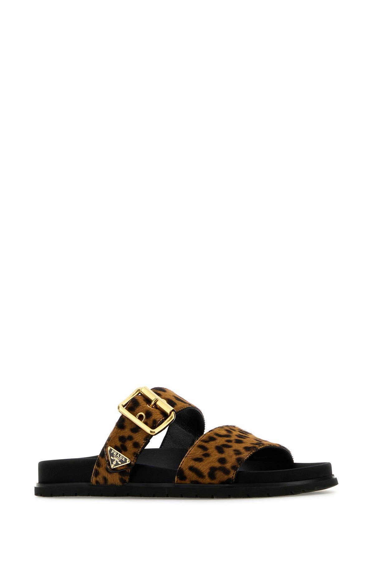 PRADA Womens Neutral Leopard-print Buckled Leather Sliders In Multicolor Product Image