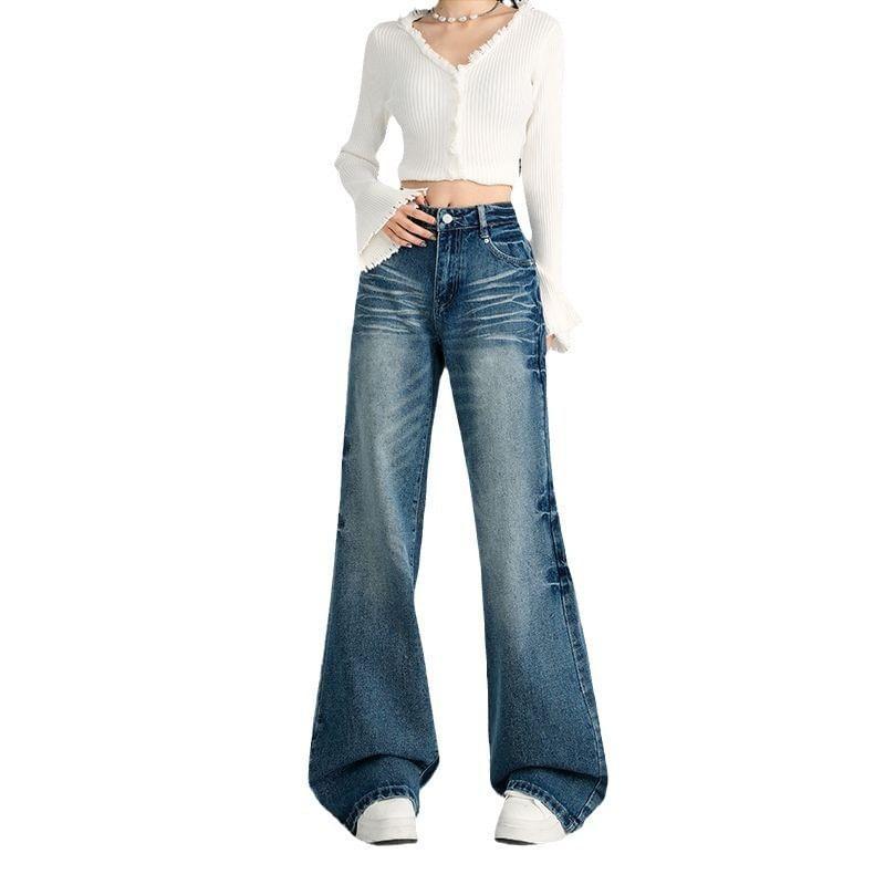 High Waist Washed Wide Leg Jeans (Various Designs) Product Image