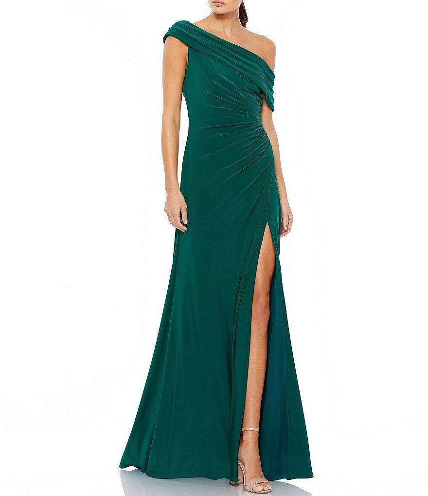 Mac Duggal One Shoulder Cap Sleeve Ruched Thigh High Slit Faux Wrap Gown Product Image