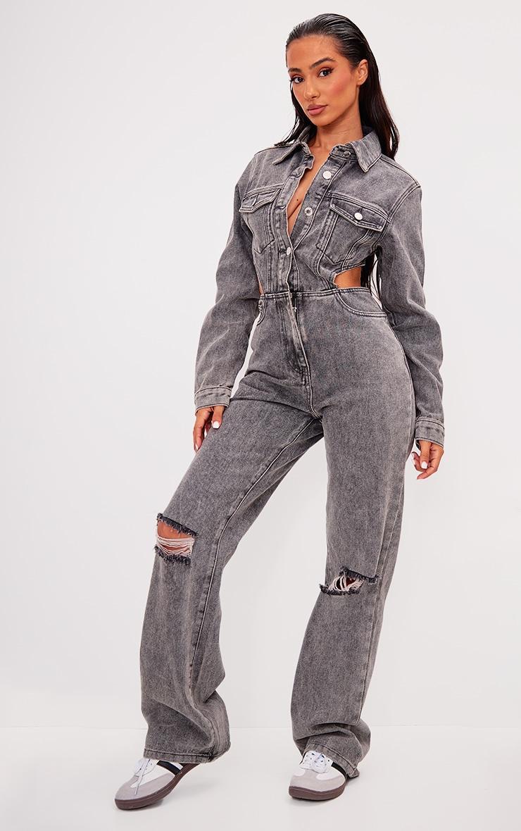 Petite Washed Grey Denim Cut Out Jumpsuit Product Image