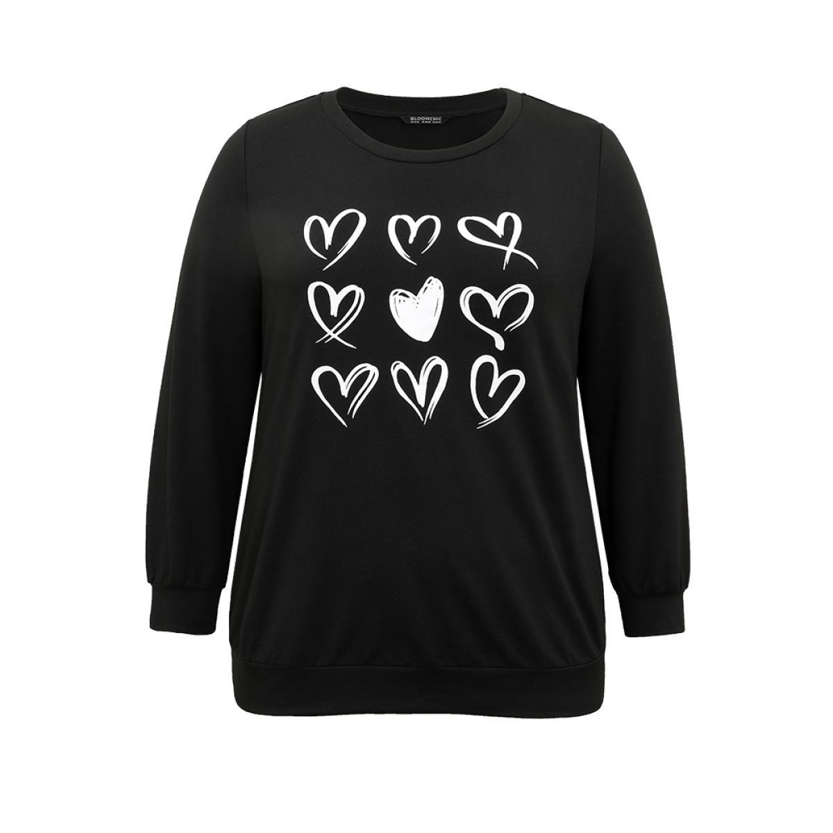 Plus Size Heart Print Round Neck Sweatshirt Women Black Casual Printed Dailywear Sweatshirts BloomChic 10/M Product Image