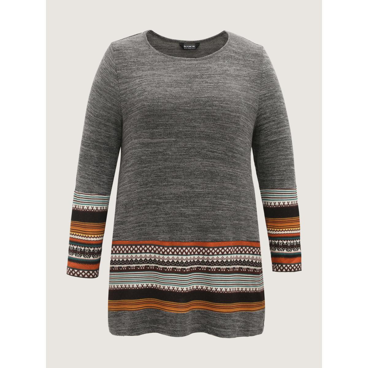 Plus Size Tunic Boho Print Pocket T-shirt DimGray Women Leisure Contrast Round Neck Loose Casual T-shirts BloomChic 30/6X Product Image