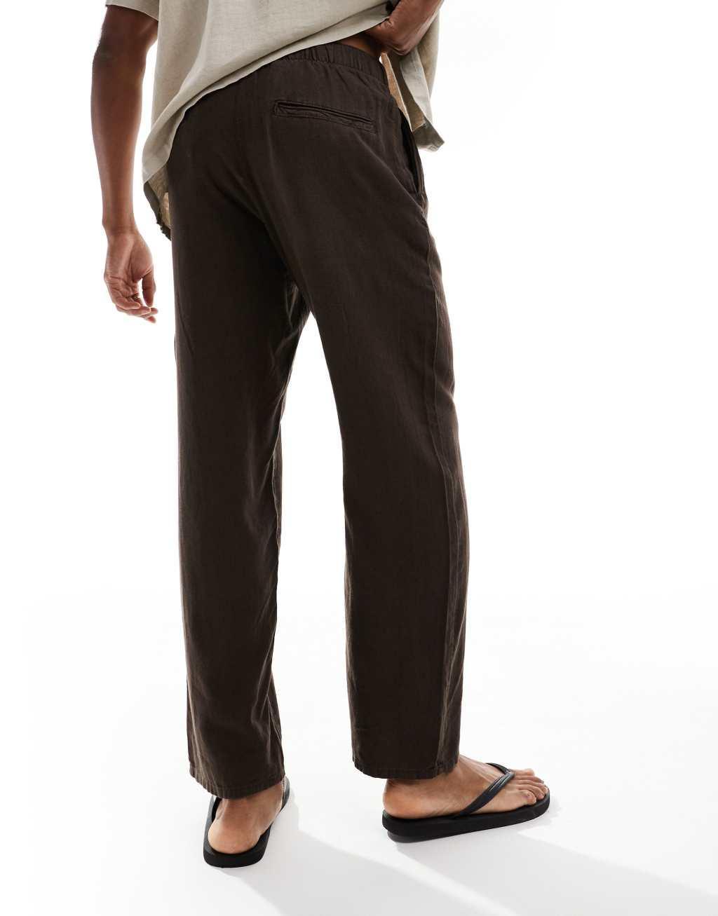 Bershka linen wide leg pants in brown Product Image