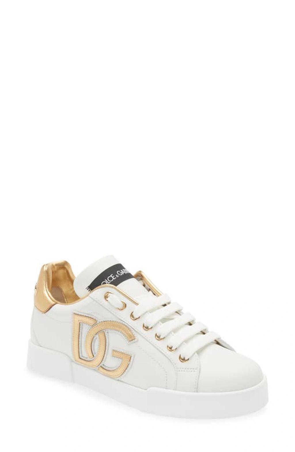 DOLCE & GABBANA Portofino Logo Detail Leather Sneakers In Bianco Product Image