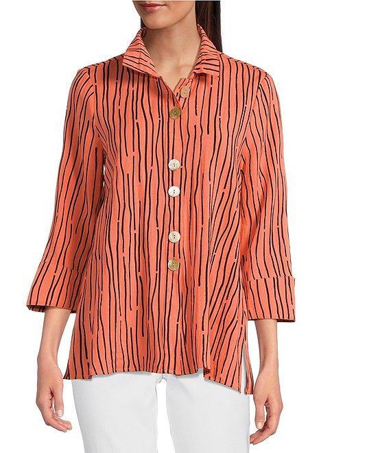Ali Miles Crinkle Woven Abstract Stripe Wire Collar 3/4 Sleeve Button Front Tunic Product Image