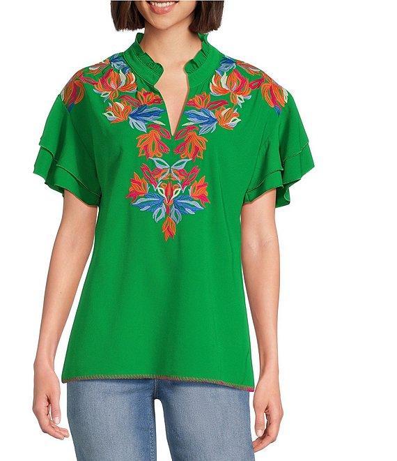 Calessa Petite Size Embroidered Ruffle Double Layer Short Sleeve Top Product Image