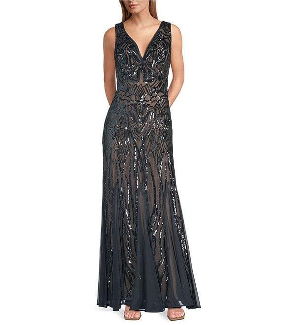 R & M Richards Sleeveless V-Neck Godet Skirt Embellished Long Sequin Dress Product Image