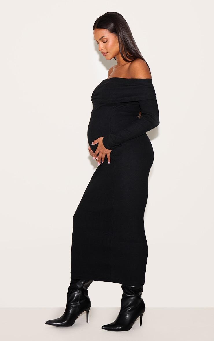 Maternity Black Heavy Brushed Rib Bardot Midaxi Dress Product Image