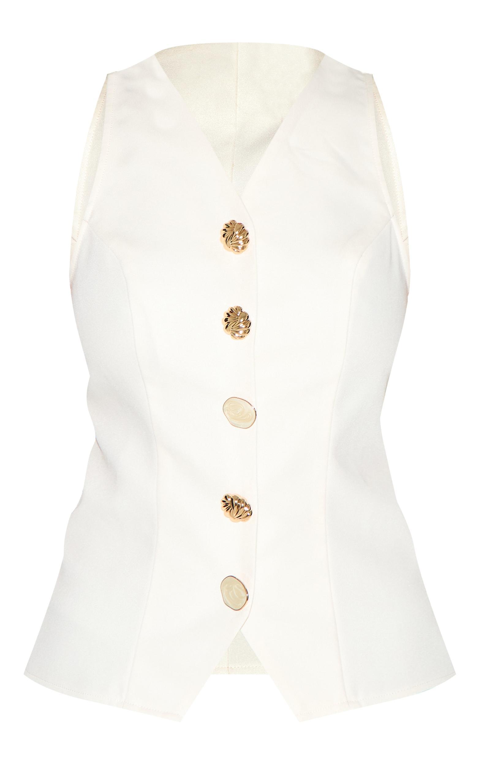  Cream Woven Gold Button Detail Fitted Vest Product Image