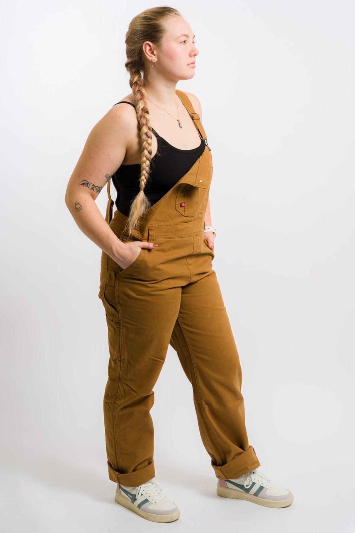 Dickies Women's Relaxed Fit Bib Heritage Overalls - Rinsed Brown Duck Product Image