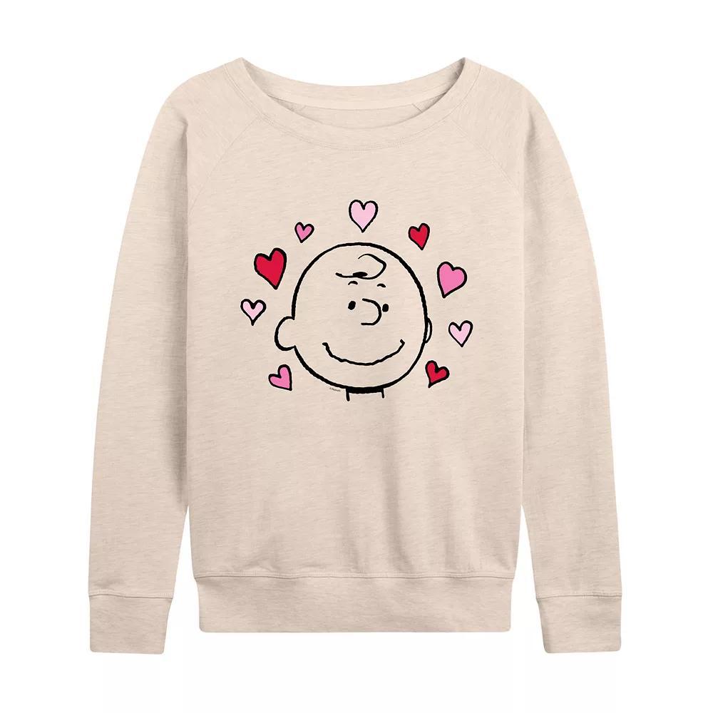 Women's Peanuts Charlie Brown Face With Hearts French Terry Long Sleeve Tee,  Product Image