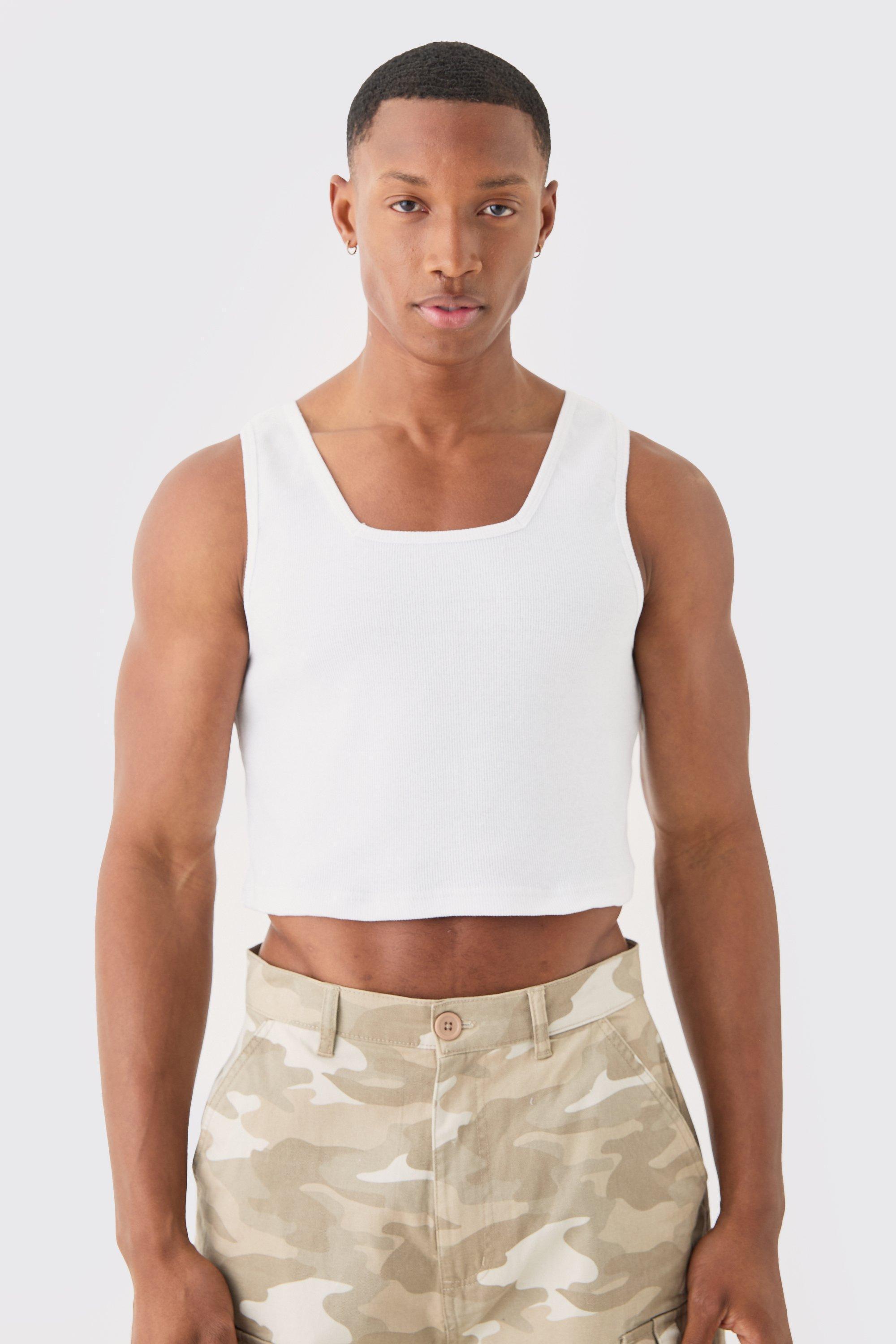 Mens White Slim Cropped Square Neck Interlock Vest, White Product Image