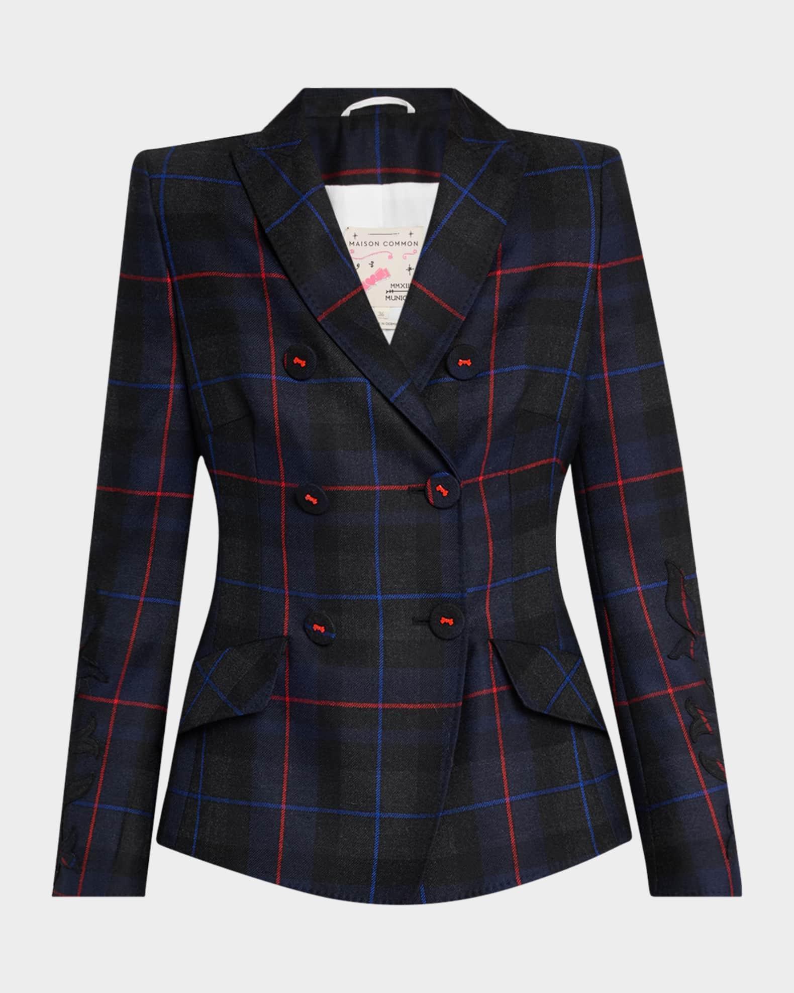 Embroidered-Sleeve Plaid Double-Breasted Jacket Product Image