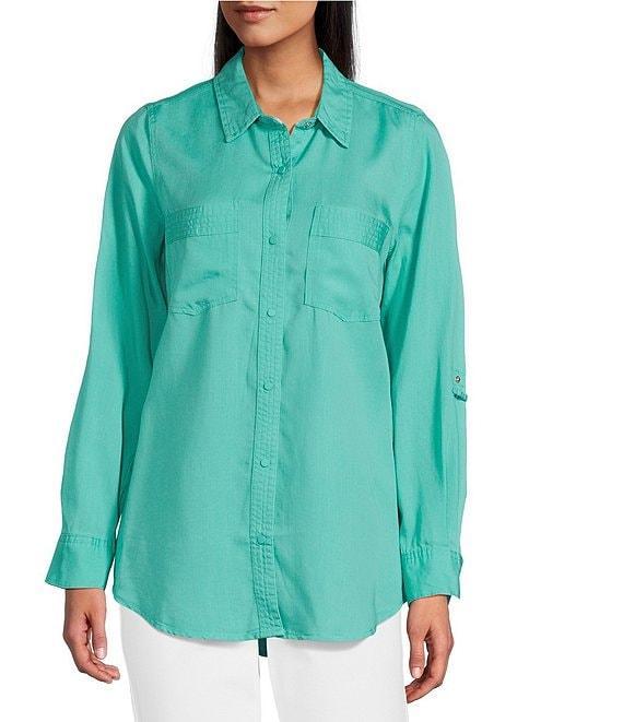 Intro Petite Size Roll-Tab Sleeve Button Front Slub Lyocell Shirt Product Image