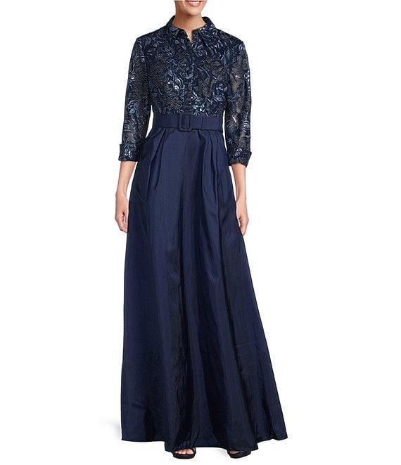Alex Evenings Collared V Neck 3/4 Sleeve Belted A Line Stretch Tulle Gown Product Image