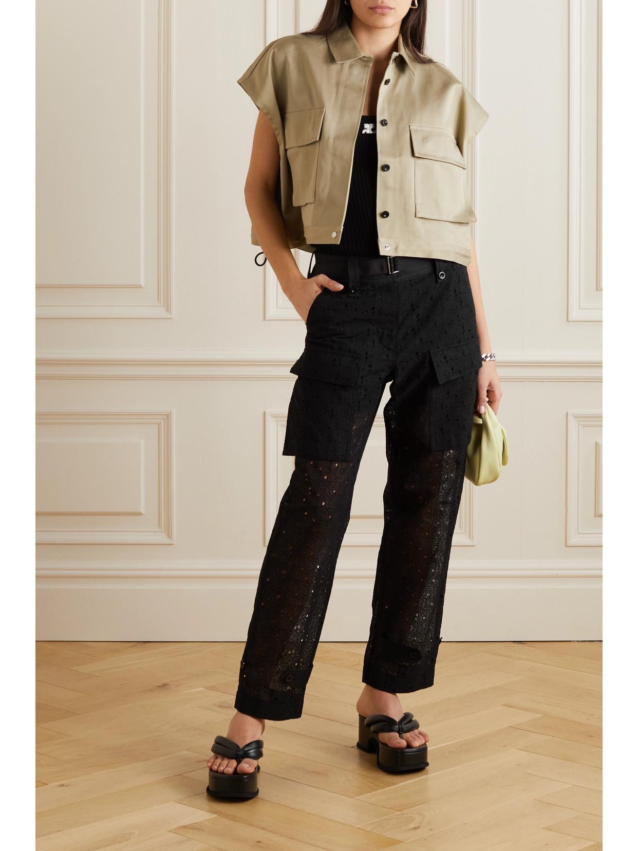 SACAI Belted Cotton-blend Broderie Anglaise Straight-leg Pants In Black Product Image