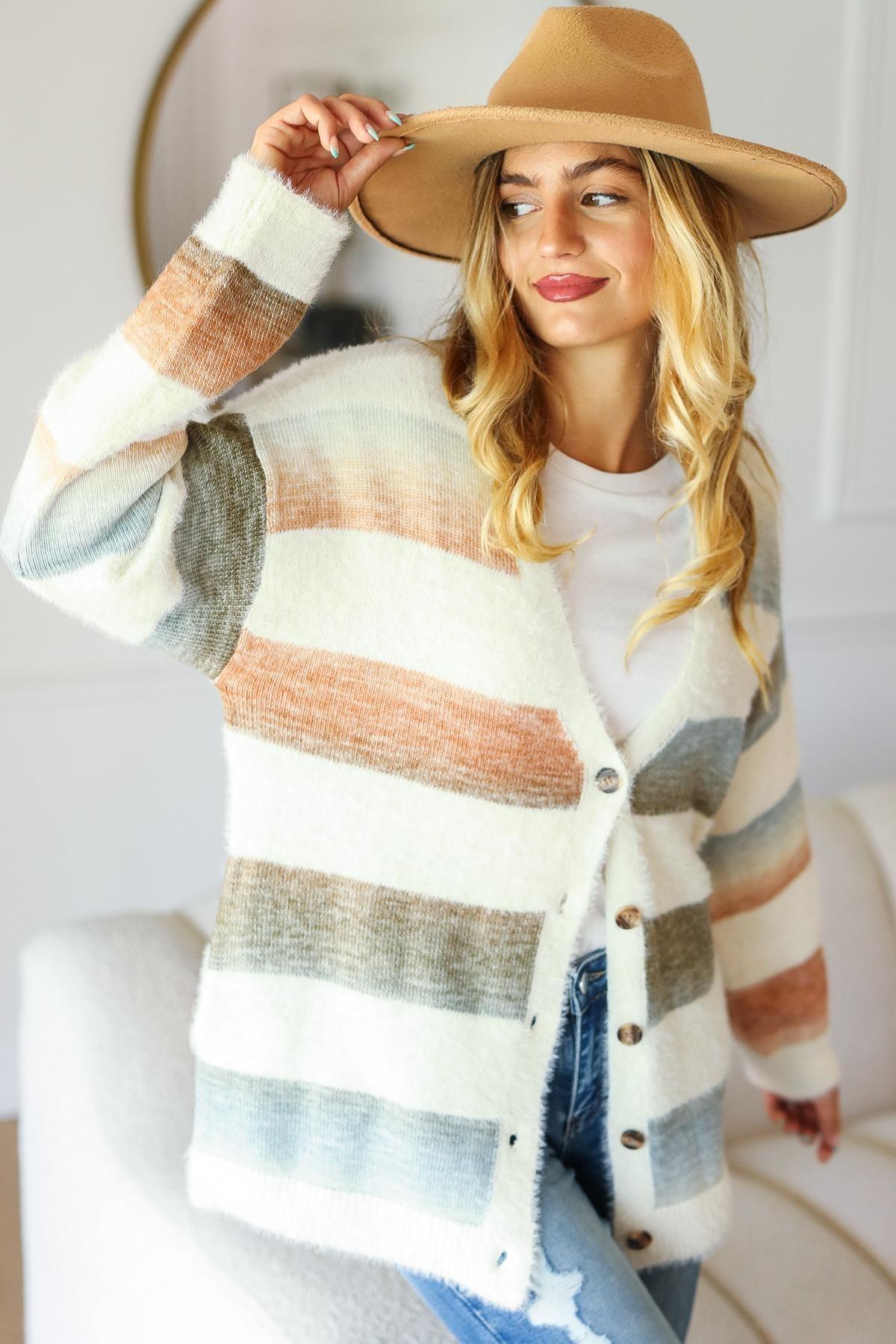 Button Down Stripe Soft Fuzzy Sweater Cardigan Product Image