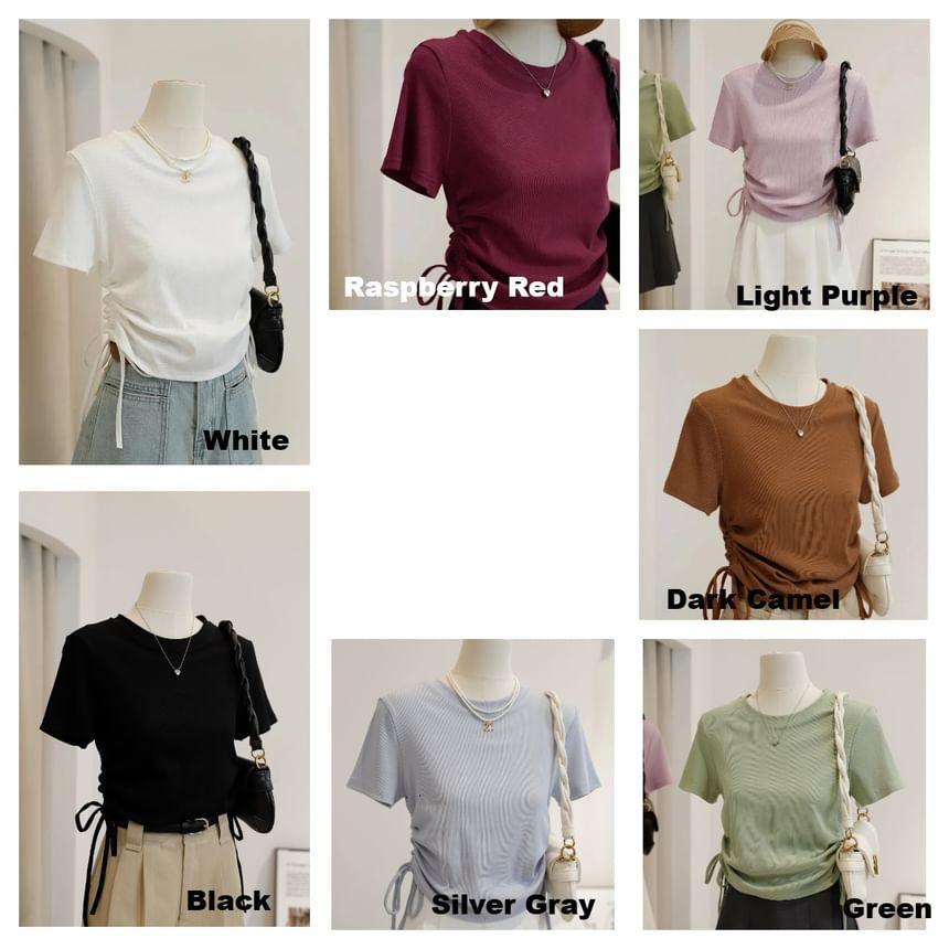 Short-Sleeve Crew Neck Plain Lace Up T-Shirt Product Image