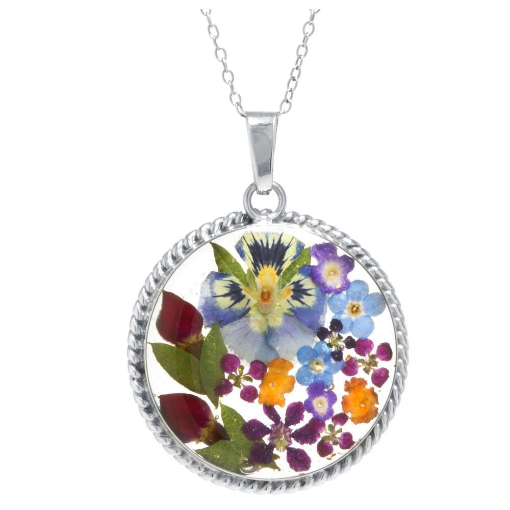 Everlasting Flowers Jewelry Sterling Silver Pressed Flower Circle Pendant Necklace, Womens Multicolor Product Image