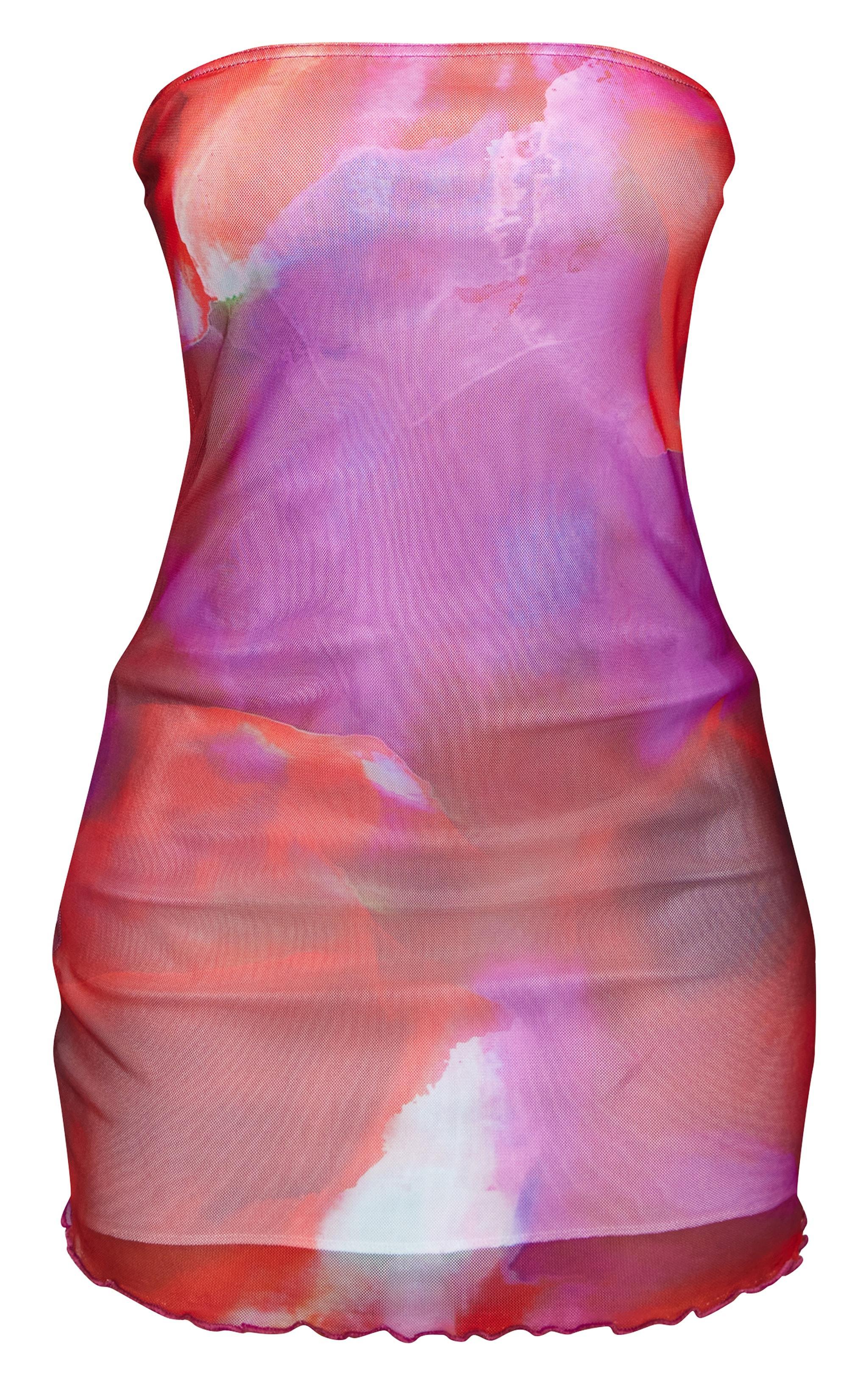 Red Abstract Mesh Lettuce Hem Bandeau Bodycon Dress Product Image